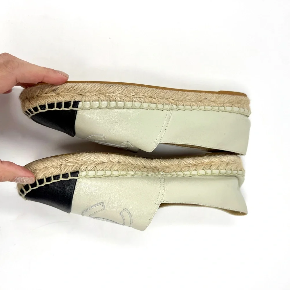 CHANEL Women's Black and Cream CC Logo Espadrilles Lambskin Leather
